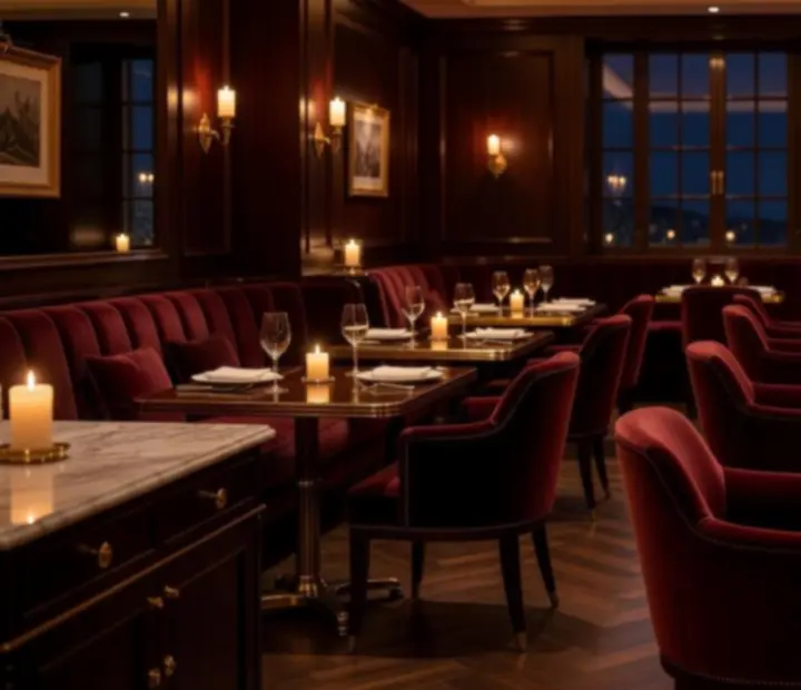 Večerní interiér restaurace se svíčkami a tlumeným osvětlením