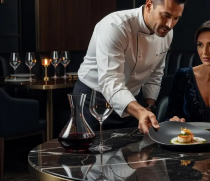 Šéfkuchař servírující degustační chod na fine dining talíři během večerního menu
