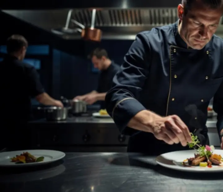 Šéfkuchař servíruje exkluzivní sezonní menu hostům u stolu