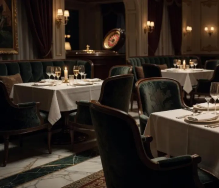 Noční atmosféra luxusního dining prostoru se svíčkami a designovým osvětlením.