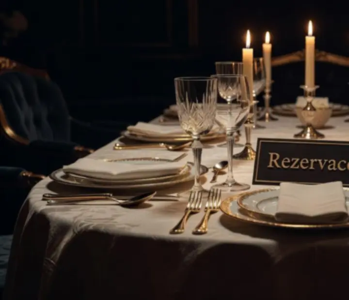 Detail rezervovaného stolu s kartičkou rezervace a sklenkami na víno
