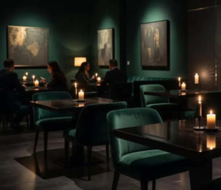Galerie večerního interiéru s luxusním nasvícením a prostřenými stoly
