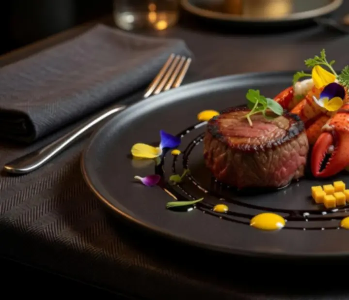 Detail gurmánského hlavního chodu s precizní fine-dining prezentací.