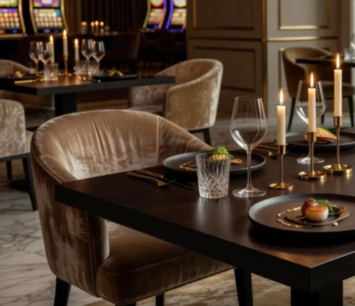 Večerní fine dining interiér se svíčkami a designovým osvětlením