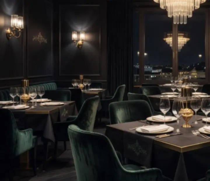 Večerní luxusní prostředí restaurace se svíčkami a elegantně prostřenými stoly.