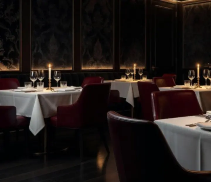 Candlelit luxusní interiér restaurace s tmavými tóny a sofistikovaným designem.