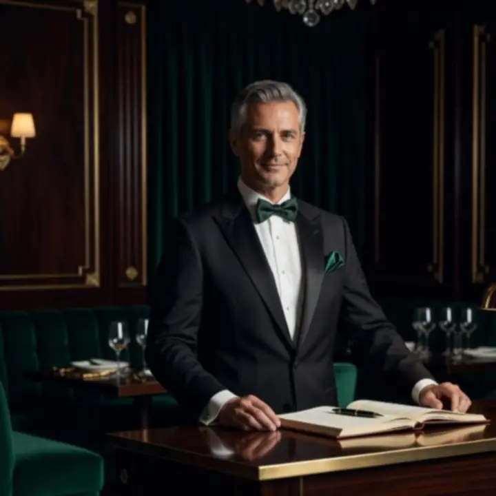 Rezervační tým fine dining restaurace u elegantního stolu při plánování večerní rezervace hostů.